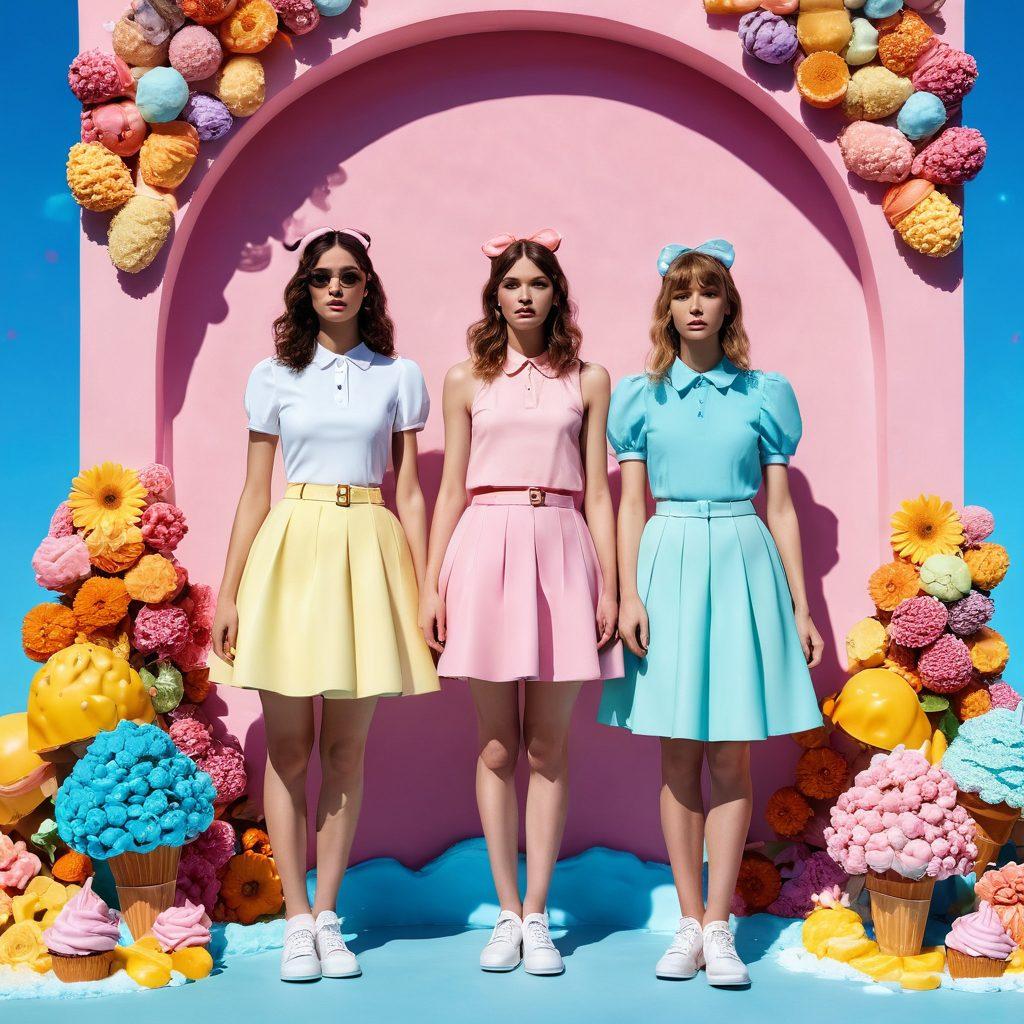 A whimsical summer fashion scene where models wear outfits inspired by desserts, featuring pastel colors and sweet textures like icing and fruits. Set against a backdrop of melting ice cream and blooming flowers, evoking both joy and melancholy in the sunlight. The atmosphere should blend fashion and confectionery art, creating a dreamlike essence. fun and imaginative. vibrant colors. 3D.